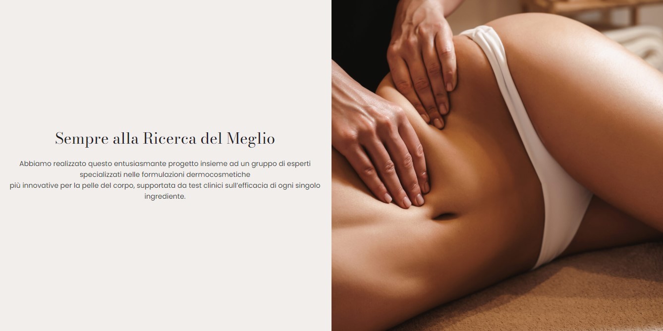 Una persona in biancheria intima bianca è sdraiata su un fianco mentre un'altra pratica un massaggio rilassante Body Couture. Sul lato sinistro dell'immagine è presente un testo in italiano sull'innovazione e sui test clinici della cura della pelle.