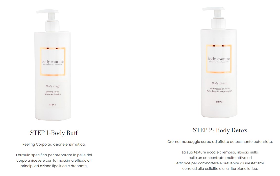 Due flaconi bianchi di Body Couture sono esposti su uno sfondo semplice: "Body Buff" (FASE 1) e "Body Detox" (FASE 2), ciascuno con la descrizione del prodotto in italiano. Provate l'esperienza di una cura della pelle di alto livello con Body Couture.